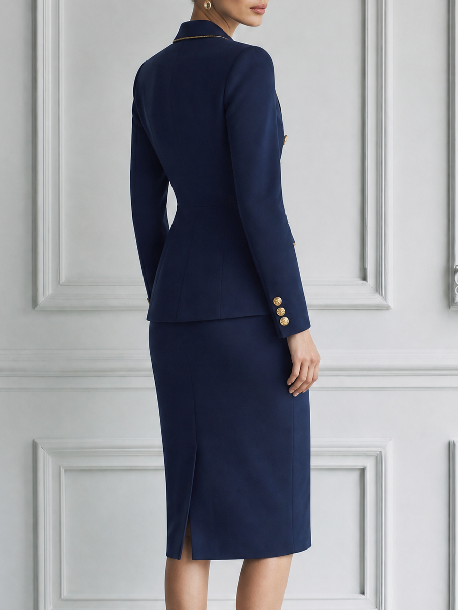 Navy Fall Fashion Gold Button Blazer & Pencil Skirt Suit Set