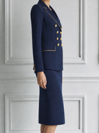 Navy Fall Fashion Gold Button Blazer & Pencil Skirt Suit Set