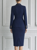 Navy Fall Fashion Gold Button Blazer & Pencil Skirt Suit Set