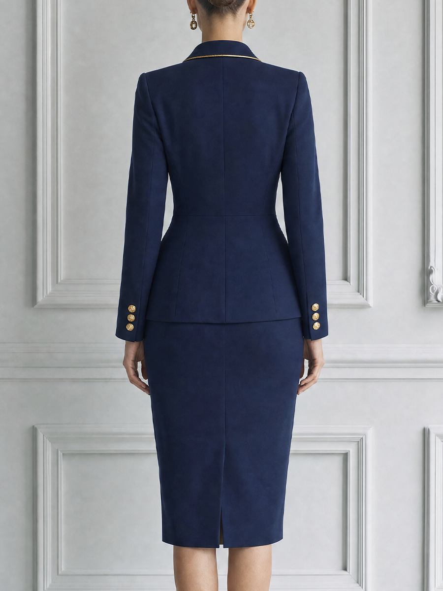 Navy Fall Fashion Gold Button Blazer & Pencil Skirt Suit Set
