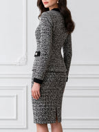 Tweed Pearl Button Blazer and Pencil Skirt Two-Piece Suit