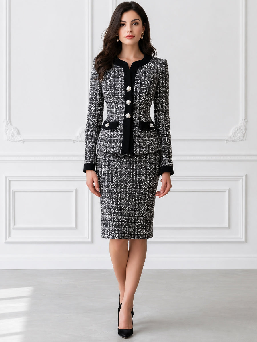 Tweed Pearl Button Blazer and Pencil Skirt Two-Piece Suit
