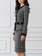 Tweed Pearl Button Blazer and Pencil Skirt Two-Piece Suit