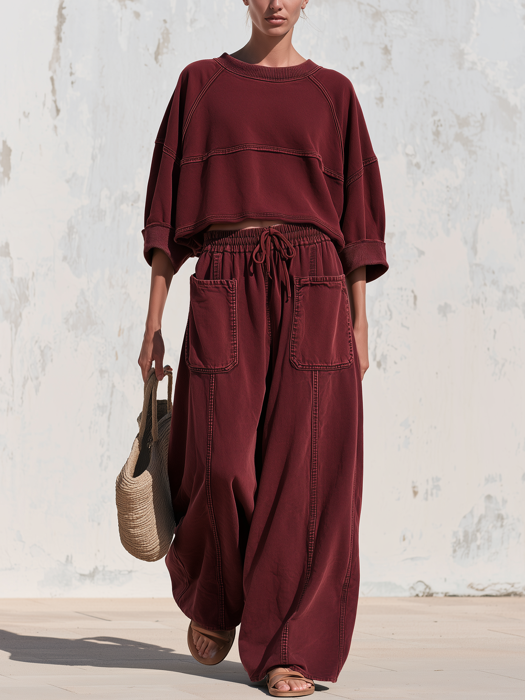 Washed Raglan Sleeve Cropped Sweatshirt Two‑Piece Set