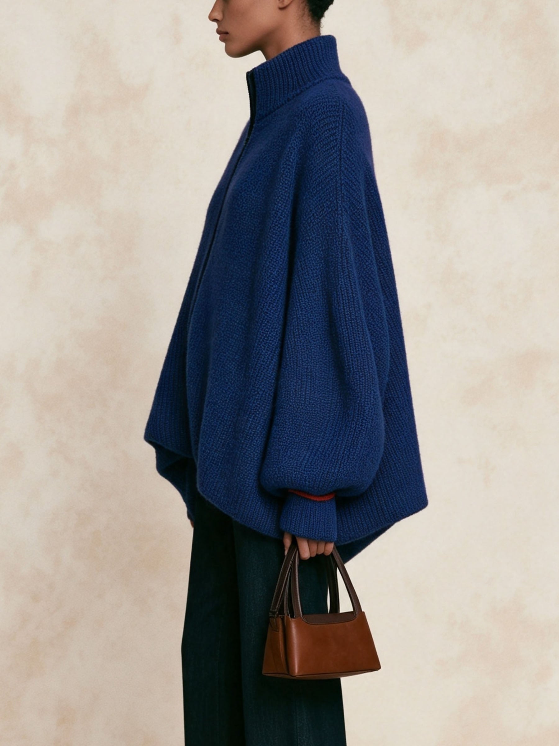 Oversized Half‑Zip Stand Collar Knit Sweater
