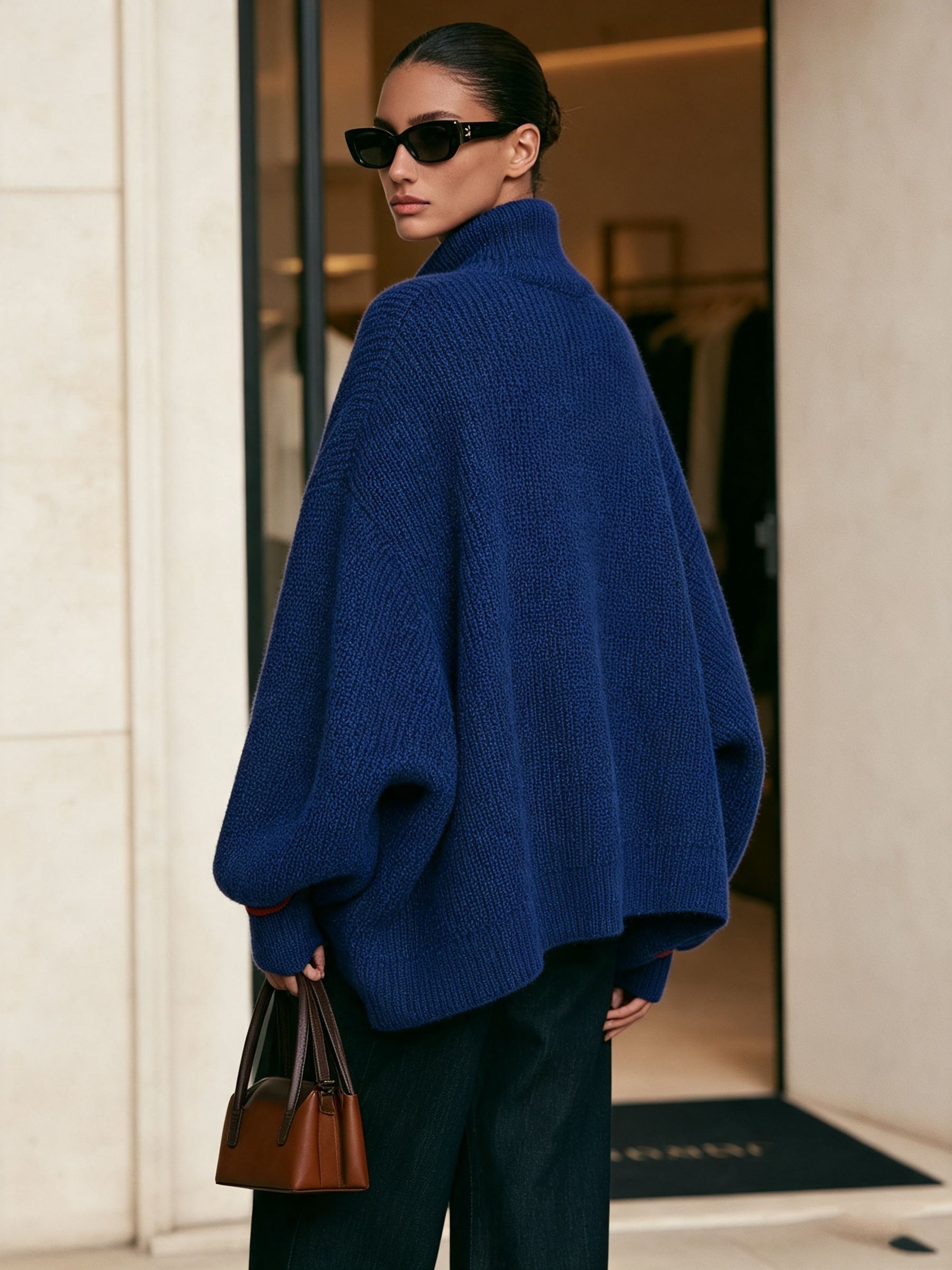 Oversized Half‑Zip Stand Collar Knit Sweater