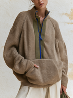 Khaki Half‑Zip Contrast Panel Oversized Knit Sweater With Kangaroo Pocket