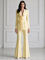 Elegant Deep V-Neck Blazer with 3D Flower Belt & Flare Pants Suit Set