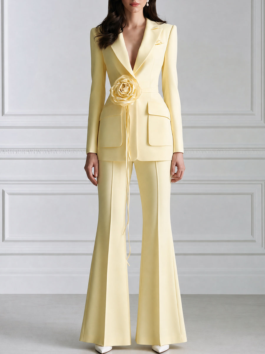 Elegant Deep V-Neck Blazer with 3D Flower Belt & Flare Pants Suit Set