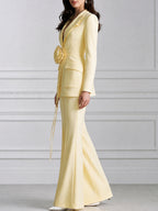Elegant Deep V-Neck Blazer with 3D Flower Belt & Flare Pants Suit Set