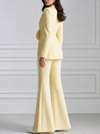 Elegant Deep V-Neck Blazer with 3D Flower Belt & Flare Pants Suit Set