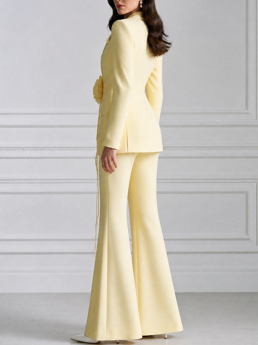 Elegant Deep V-Neck Blazer with 3D Flower Belt & Flare Pants Suit Set