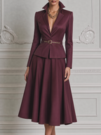 Burgundy Fall Wedding Guest Dress Belted Peplum Blazer A-Line Midi Dress