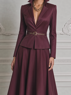 Burgundy Fall Wedding Guest Dress Belted Peplum Blazer A-Line Midi Dress