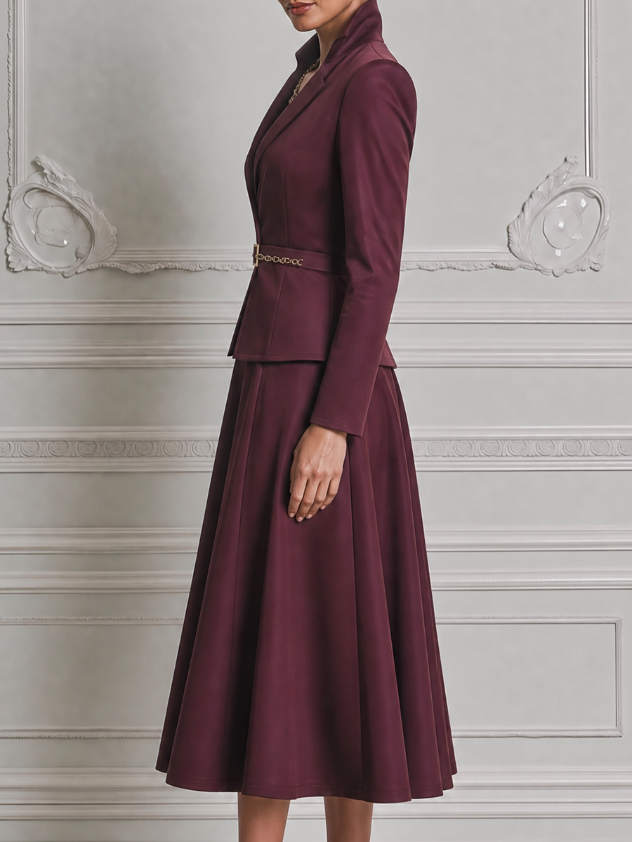 Burgundy Fall Wedding Guest Dress Belted Peplum Blazer A-Line Midi Dress