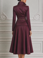 Burgundy Fall Wedding Guest Dress Belted Peplum Blazer A-Line Midi Dress