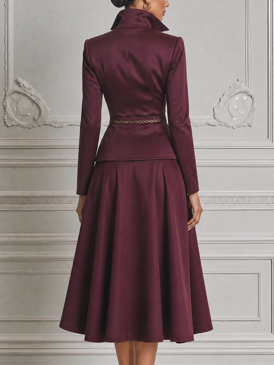 Burgundy Fall Wedding Guest Dress Belted Peplum Blazer A-Line Midi Dress