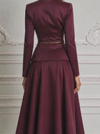 Burgundy Fall Wedding Guest Dress Belted Peplum Blazer A-Line Midi Dress