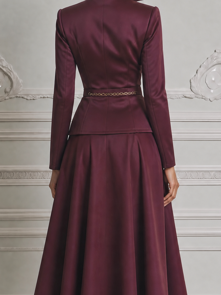 Burgundy Fall Wedding Guest Dress Belted Peplum Blazer A-Line Midi Dress