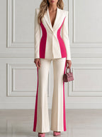 Color Block Blazer & Flare Pants Two-Piece Suit Set