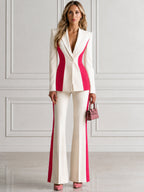 Color Block Blazer & Flare Pants Two-Piece Suit Set