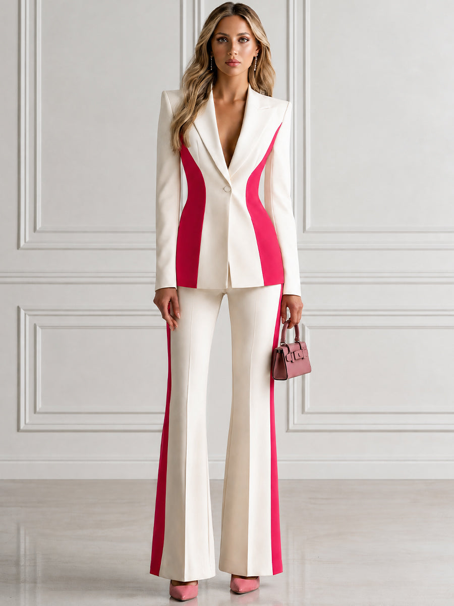 Color Block Blazer & Flare Pants Two-Piece Suit Set