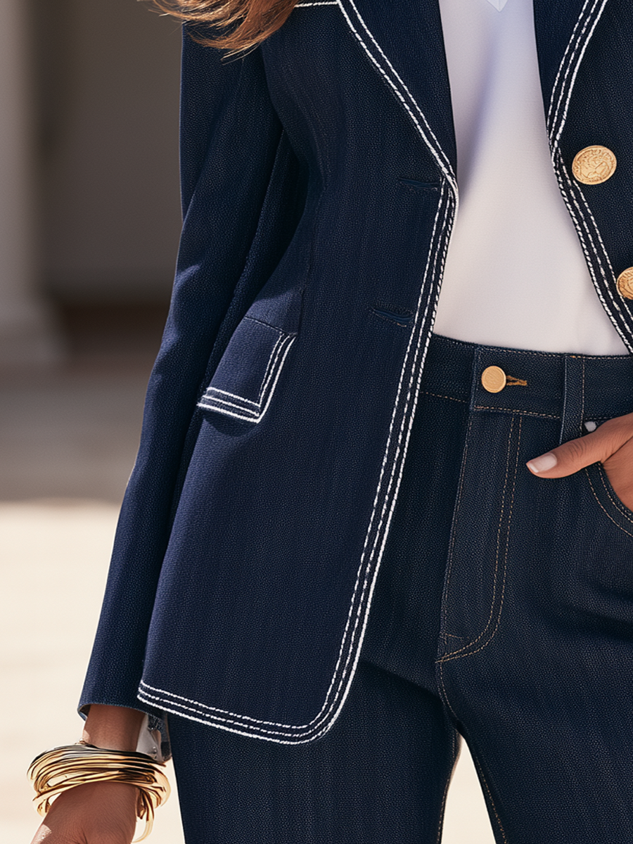 Old Money Contrast Stitch Gold Button Denim Blazer