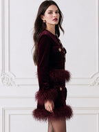 Feather-Trim Velvet Cropped Jacket & Mini Skirt Set
