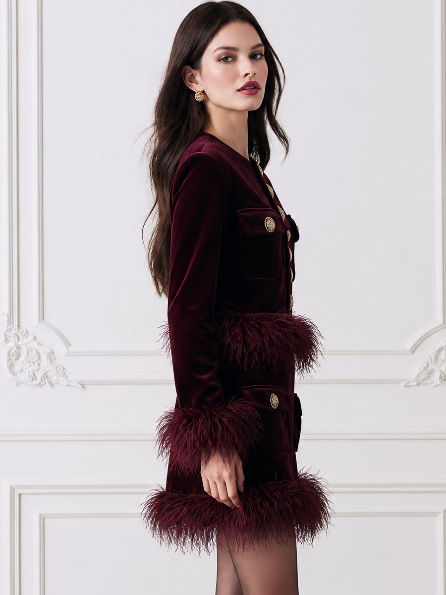 Feather-Trim Velvet Cropped Jacket & Mini Skirt Set