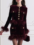 Feather-Trim Velvet Cropped Jacket & Mini Skirt Set