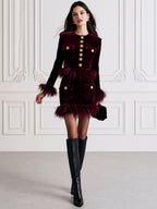 Feather-Trim Velvet Cropped Jacket & Mini Skirt Set