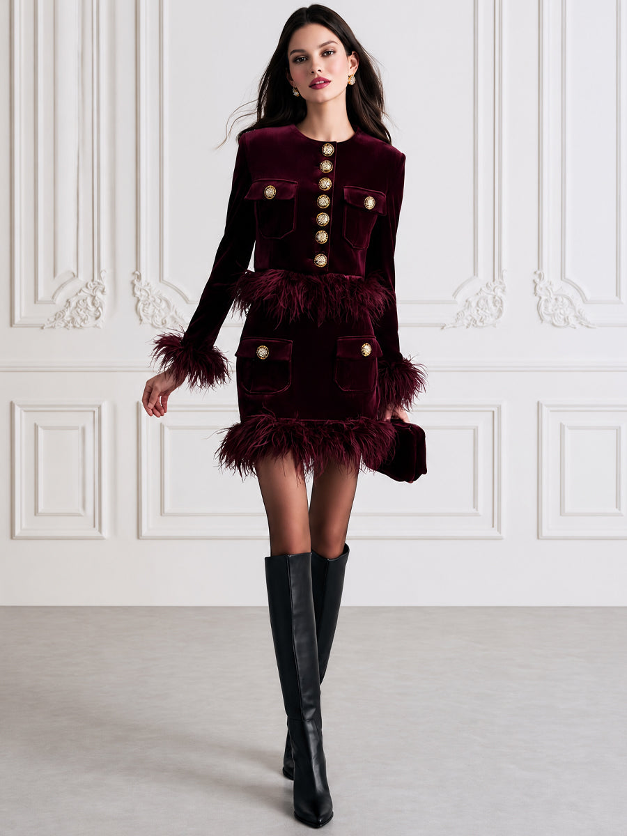 Feather-Trim Velvet Cropped Jacket & Mini Skirt Set
