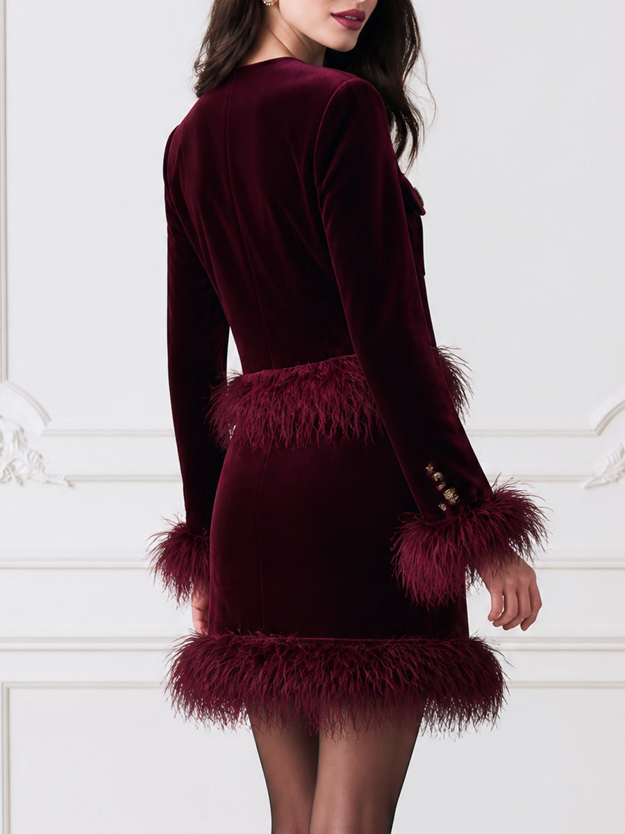 Feather-Trim Velvet Cropped Jacket & Mini Skirt Set