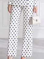 Ivory And Navy Polka Dot Tailored Blazer & Straight-Leg Pants Set