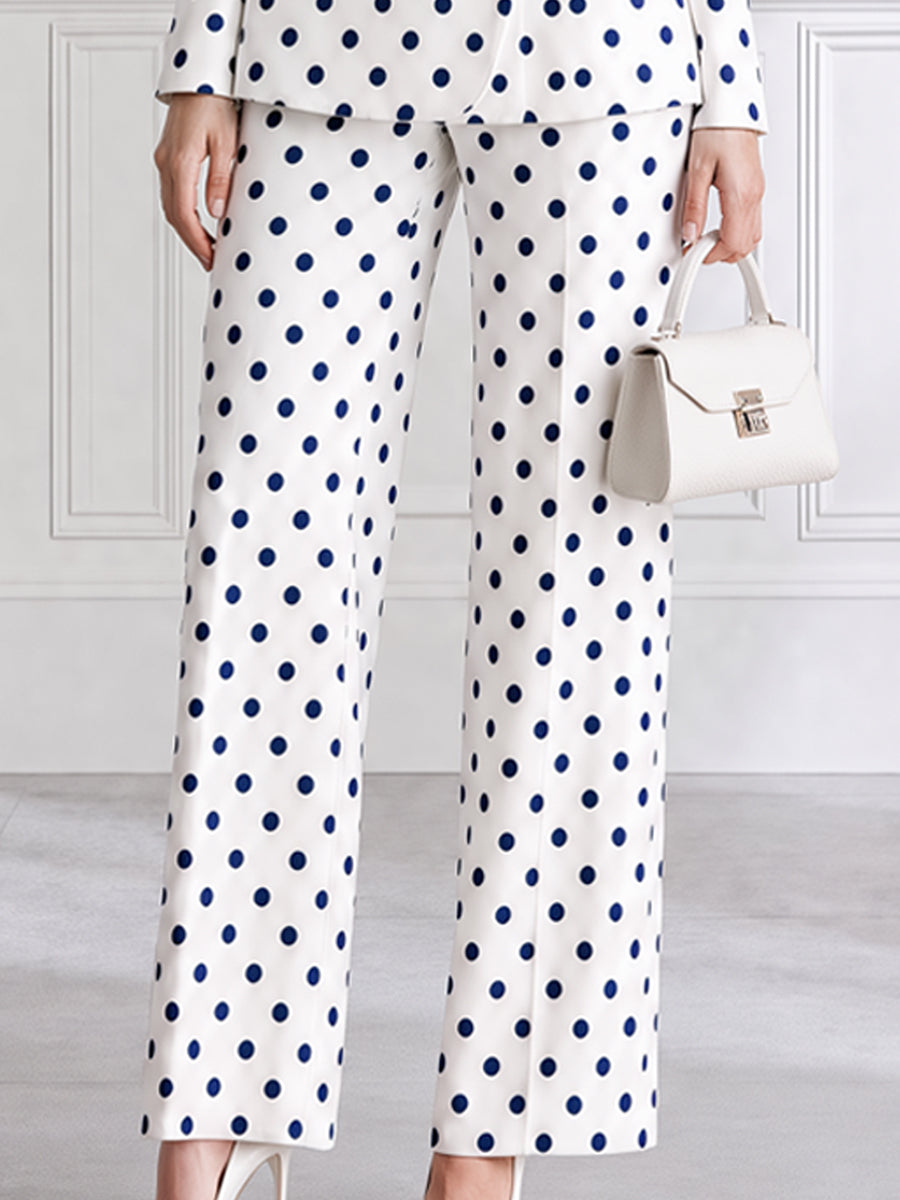 Ivory And Navy Polka Dot Tailored Blazer & Straight-Leg Pants Set