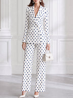 Ivory And Navy Polka Dot Tailored Blazer & Straight-Leg Pants Set