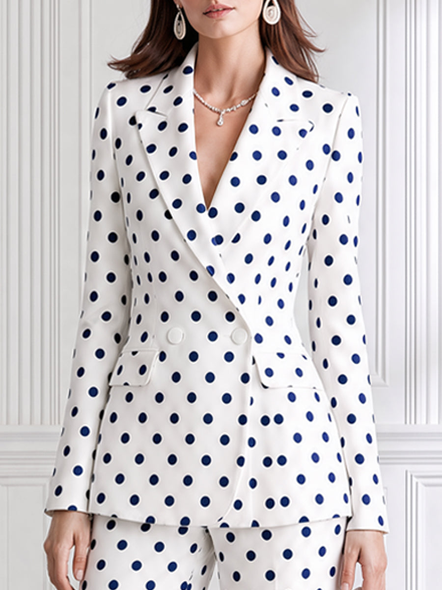 Ivory And Navy Polka Dot Tailored Blazer & Straight-Leg Pants Set