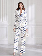 Ivory And Navy Polka Dot Tailored Blazer & Straight-Leg Pants Set