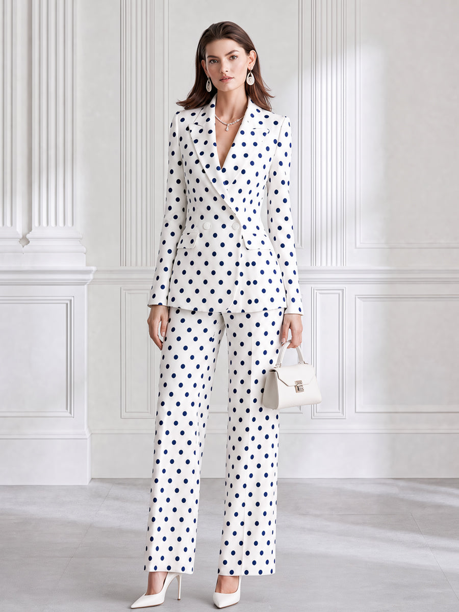 Ivory And Navy Polka Dot Tailored Blazer & Straight-Leg Pants Set