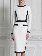 White Dress Black Contrast Trim Pencil Midi Dress