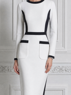 White Dress Black Contrast Trim Pencil Midi Dress