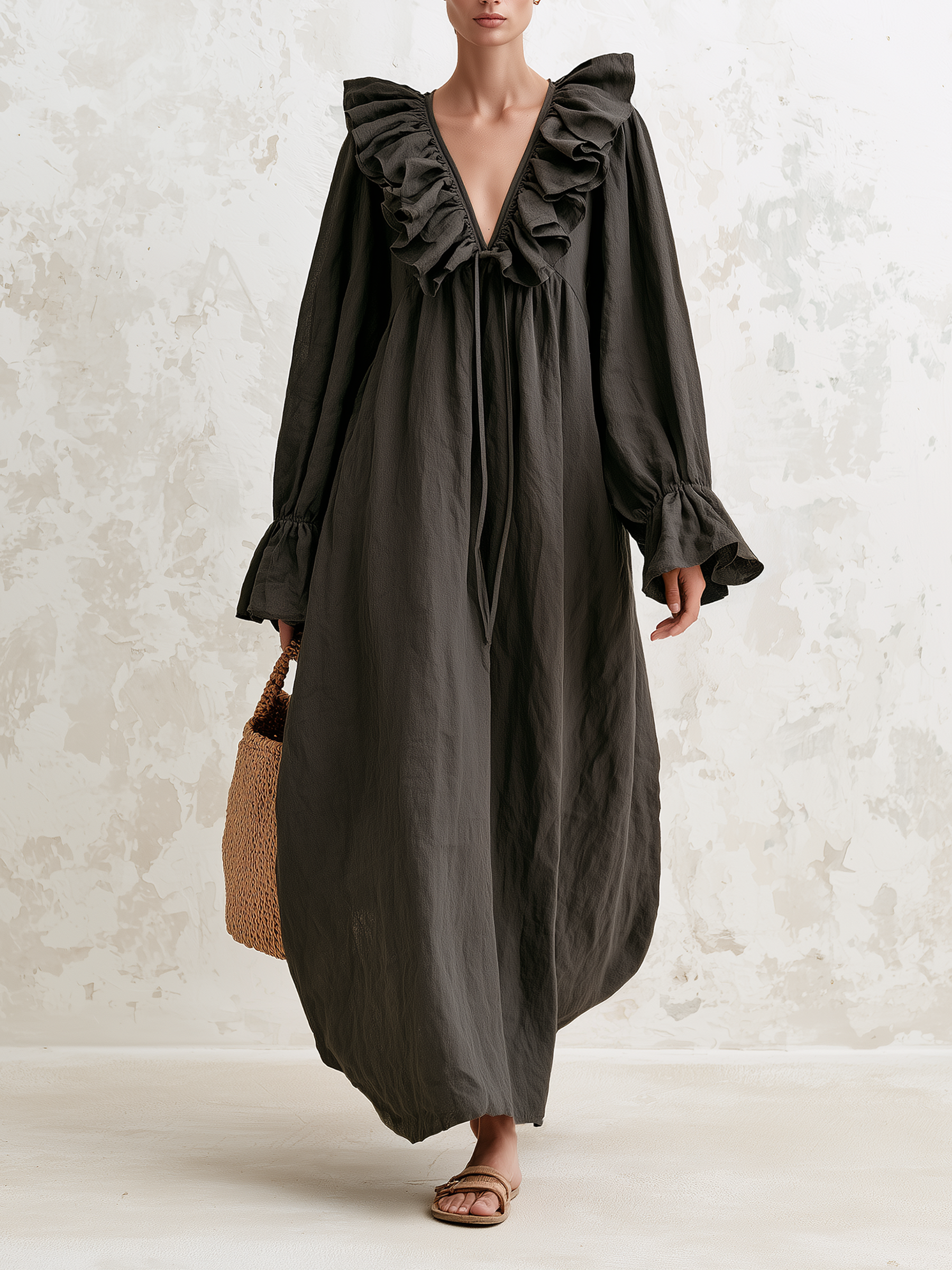 Ruffle V‑Neck Linen‑Blend Maxi Dress