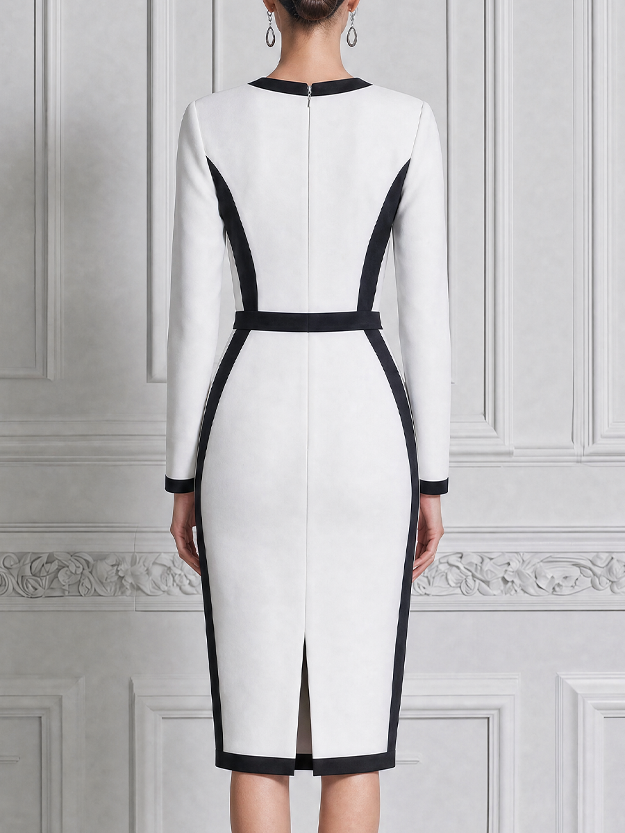 White Dress Black Contrast Trim Pencil Midi Dress