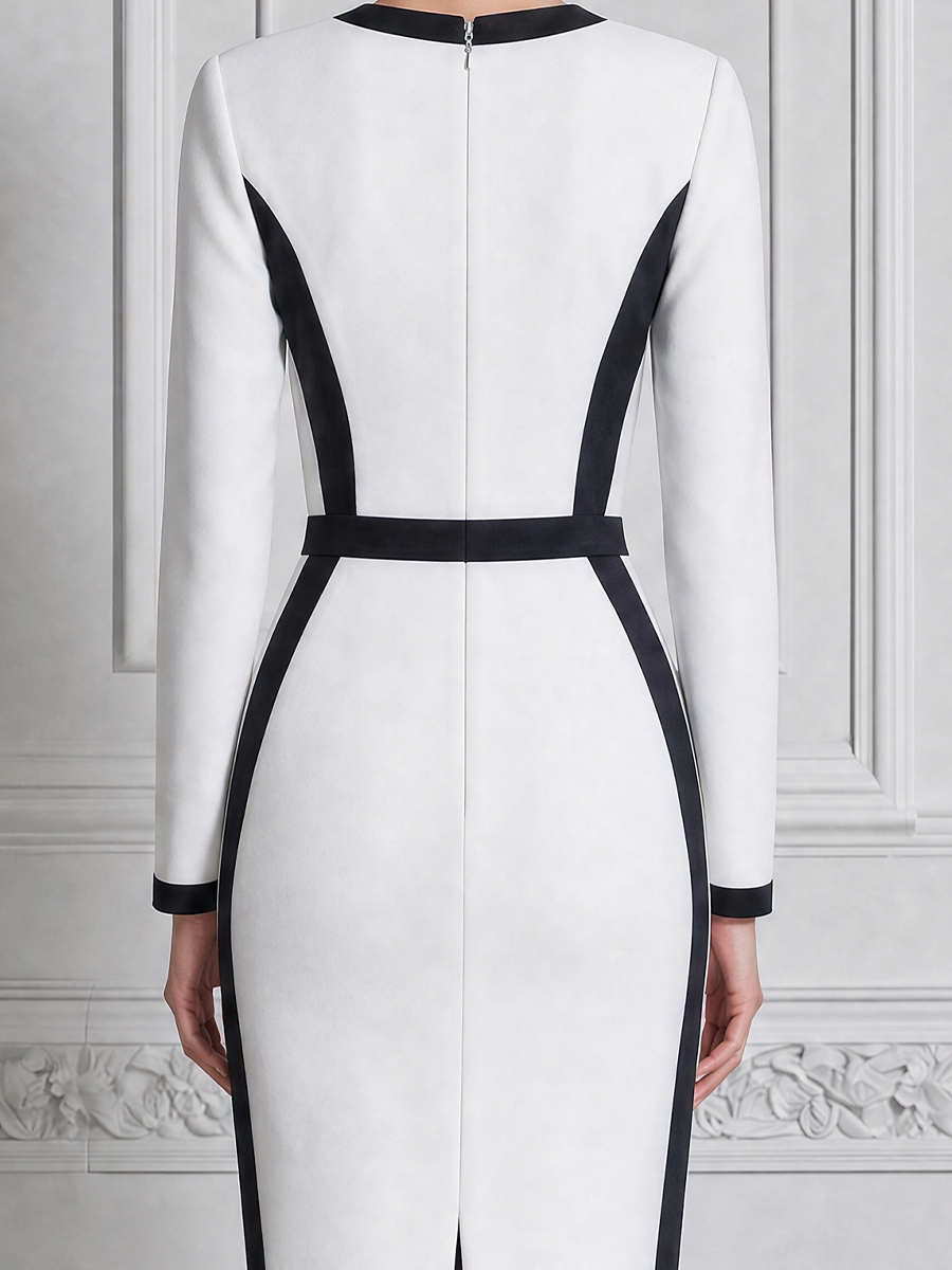 White Dress Black Contrast Trim Pencil Midi Dress