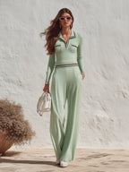 Casual Old Money Mint Green Striped Trim Knit Two Piece Pants Set