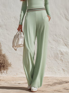 Casual Old Money Mint Green Striped Trim Knit Two Piece Pants Set