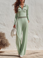 Casual Old Money Mint Green Striped Trim Knit Two Piece Pants Set