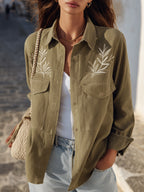 Casual Vacation Olive Green Leaf Embroidery Pocket Button Down Shirt
