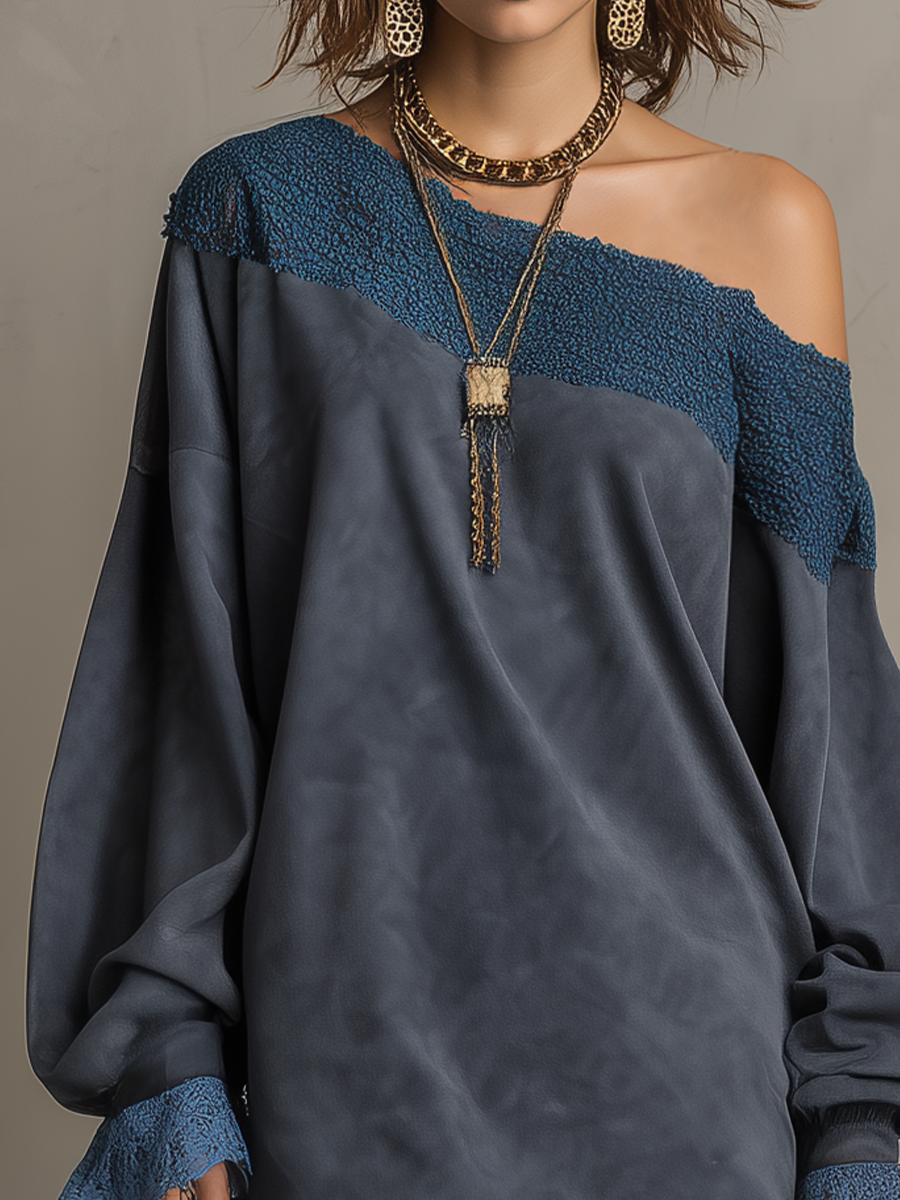 Romantic Blue Lace Trim Relaxed Mini Dress