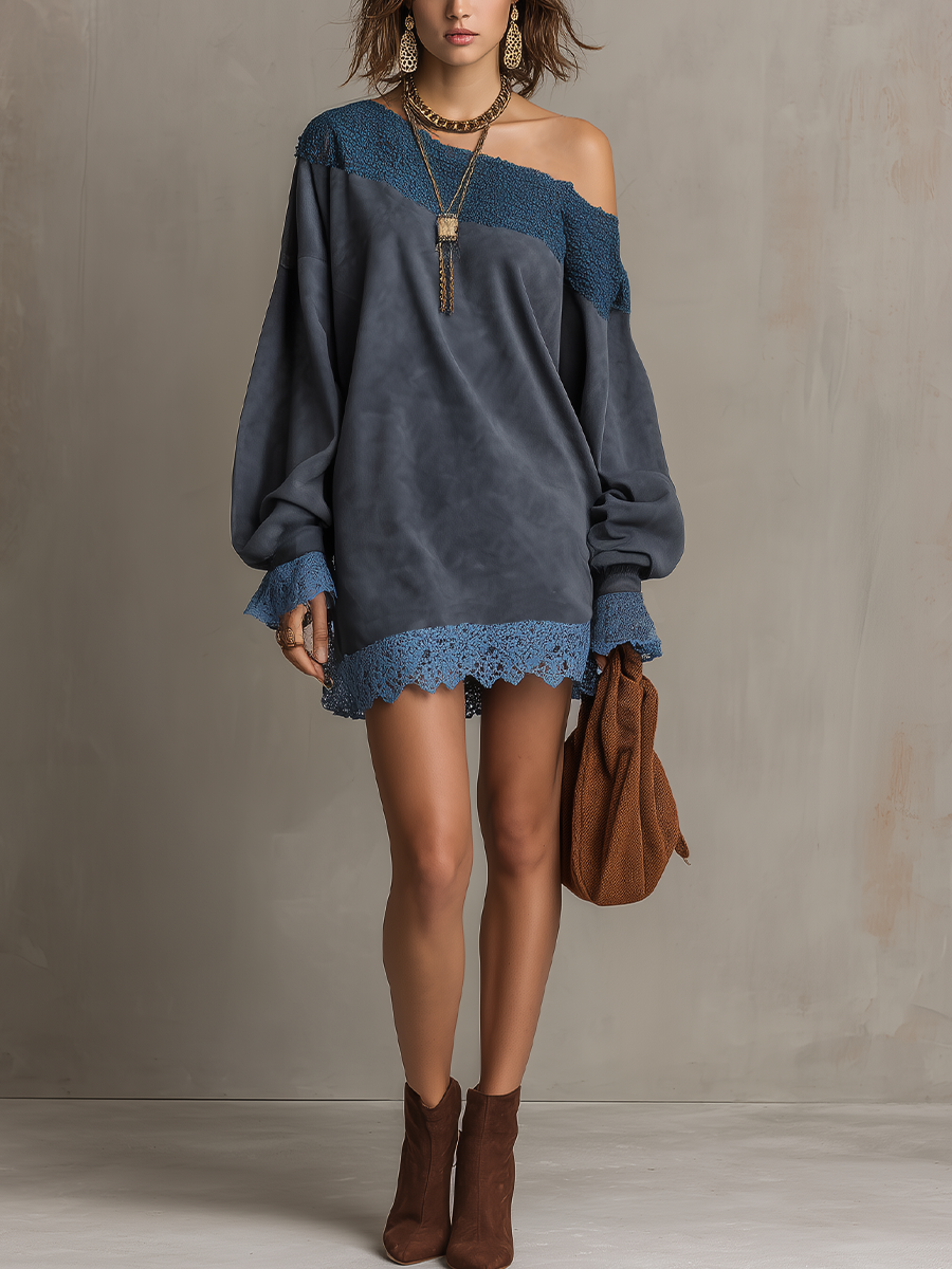 Romantic Blue Lace Trim Relaxed Mini Dress